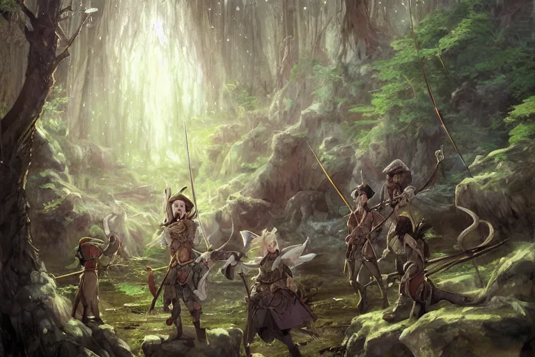 Image similar to dungeons and dragons fantasy painting, mice ranger archers emerge from the forest, longbows, hooded cloaks, whimsical and cute, determined expressions, watery eyes, anime inspired by krenz cushart, brown fur, tufty whiskers, feathered arrows, bamboo forest river shore, dawn lighting, by brian froud jessica rossier and greg rutkowski