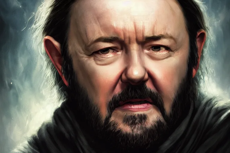 Prompt: closeup portrait of a ricky gervais as an elder wizard, lord of the rings, dramatic light, gorgeous view, depth, high detail, digital art, painted by greg rutkowski and seb mckinnon, by marguerite anderson, trending on artstation