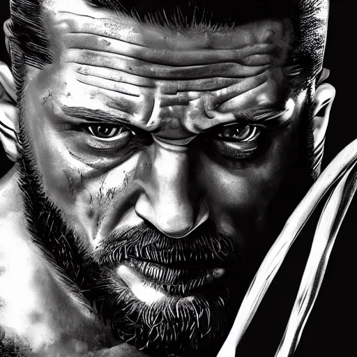 Image similar to Tom Hardy in wolverine suit Digital art 4K quality Photorealism