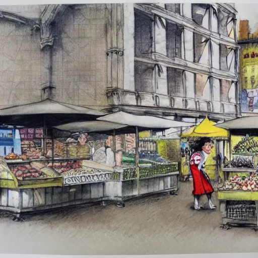 Prompt: pencil and pen drawing of a food market festival by banksy and monet. Street photography. Watercolor finishing.