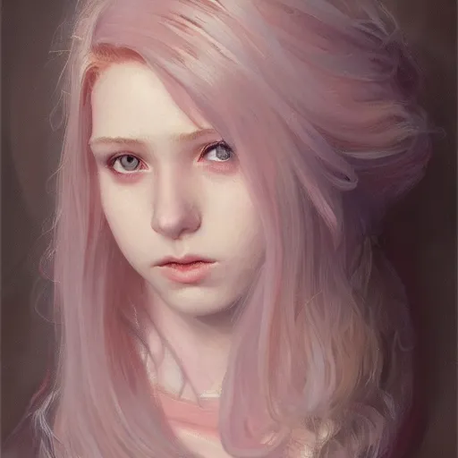 Image similar to portrait of a scottish teenage girl with pinkish grayblonde hair, glowing skin, awkward, nerdy, fantasy, intricate, elegant, dress shirt, highly detailed, digital painting, artstation, concept art, smooth, sharp focus, illustration, art by Krenz Cushart and Artem Demura and alphonse mucha