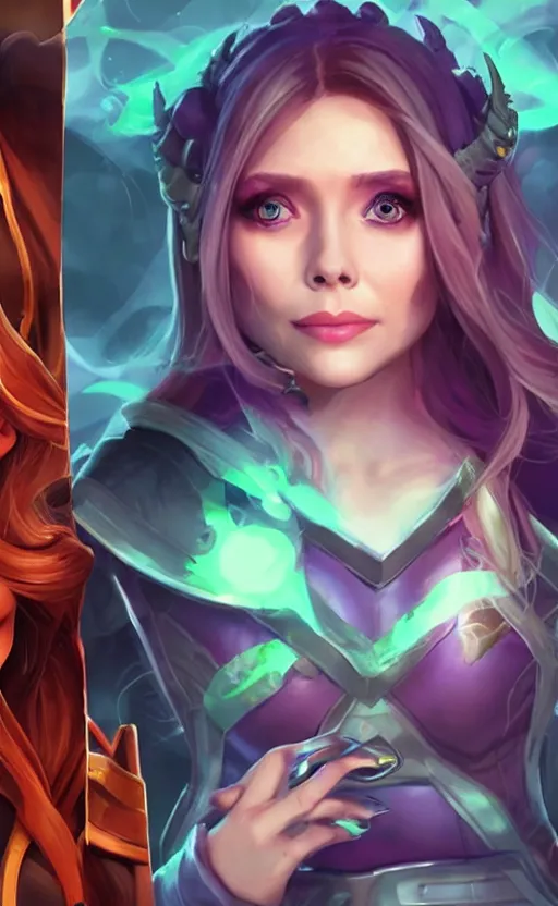 Image similar to Elizabeth Olsen as a character in the game League of Legends, with a background based on the game League of Legends, detailed face, old 3d graphics