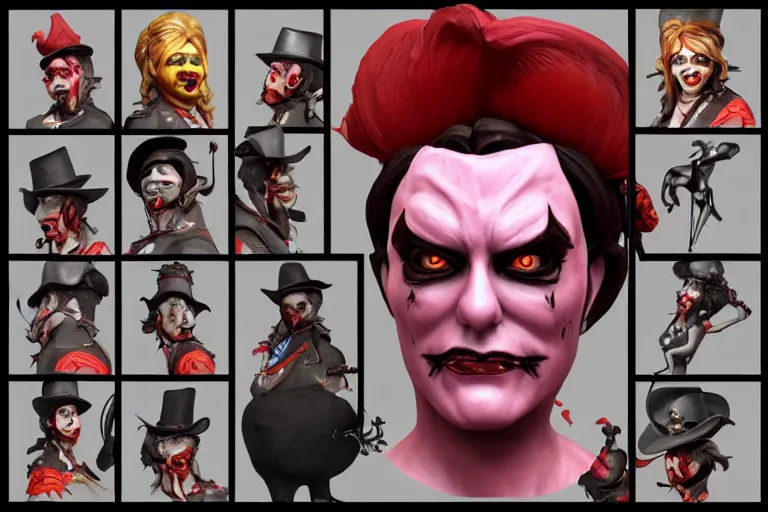 Prompt: 3d sculpt of a dark fantasy gothic circus clown, artstaton, League of Legends, red dead redemption2, overwatch, digital illustration