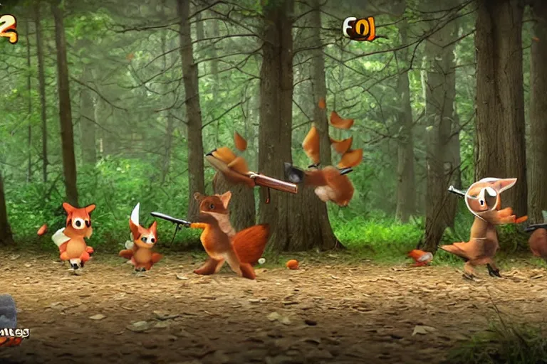 Image similar to woodland creatures battling at war with guns, bullet time, woodland setting