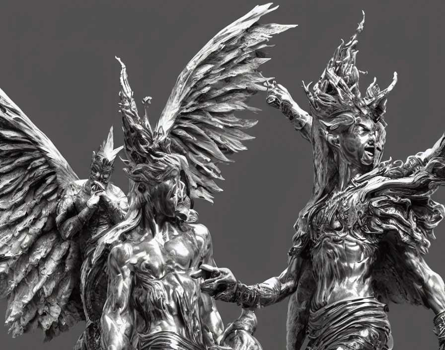 Image similar to silver statue of god and lucifer, beautiful texture, beautiful graphics, fantasy artwork, very beautiful scenery, hd, hdr, ue 5, ue 6, unreal engine 5, cinematic 4 k wallpaper, 8 k, ultra detailed