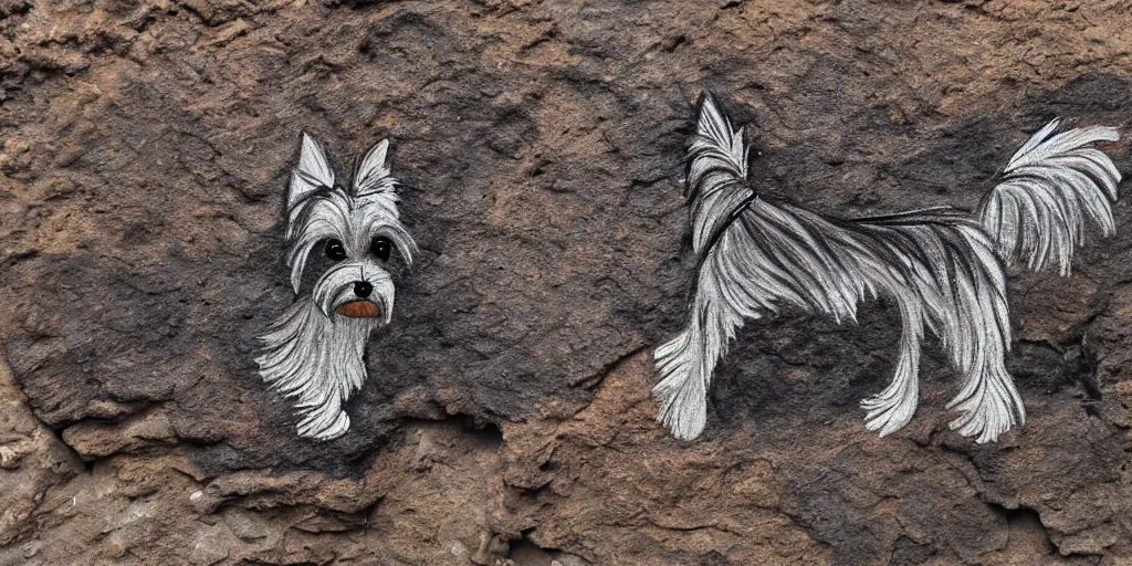 Prompt: A Yorkshire Terrier roughly sketched on the wall of a cave, a petrogliph, stone art by Pueblan peoples, stone art