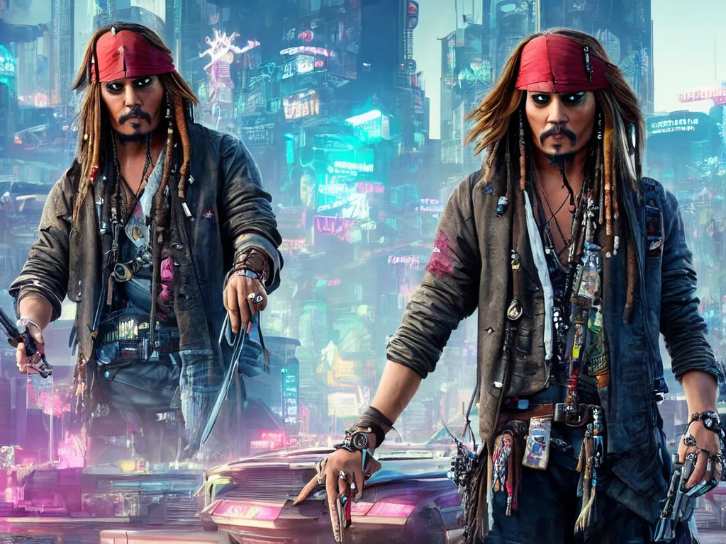 Prompt: jack sparrow in the game of cyberpunk 2 0 7 7, portrait, focus, 3 d illustration, sharp, intricate, poster, jack sparrow standing in front of the futuristic car, night city dystopian cyberpunk city in the background