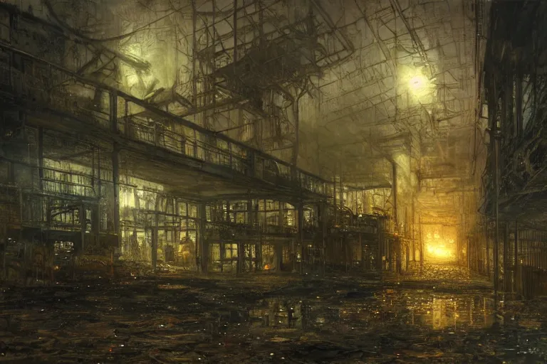 Image similar to An abandoned factory at night , moody scene, highly detailed, intricate, sharp details, dystopian mood, 1950 scene by gaston bussiere, craig mullins, somber lighting, drawn by Giacomo Burattini, inspired by graphic novel cover art, hyperrealistic, 8k by RHADS