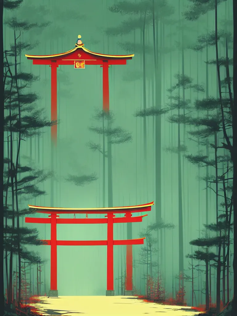 Prompt: a poster depicting a japanese torii gate in a forest, vintage style, detailed illustration, digital painting, vector art, trending on artstration, by anton fadeev, by alena aenami