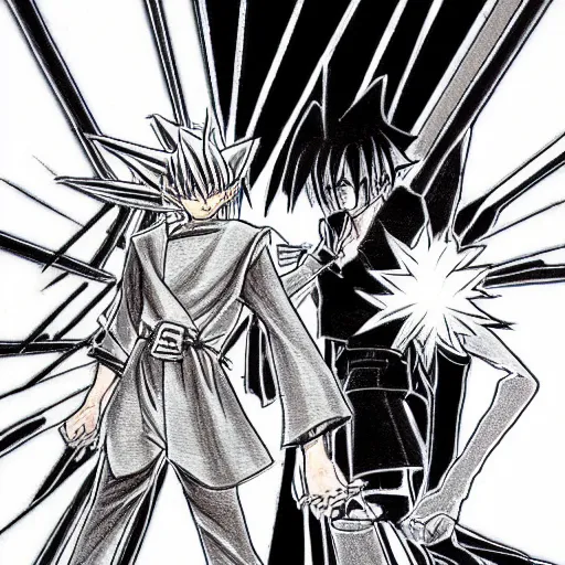 Image similar to portrait anime, manga drawing of yugi muto versus sauron by kazuki takahashi