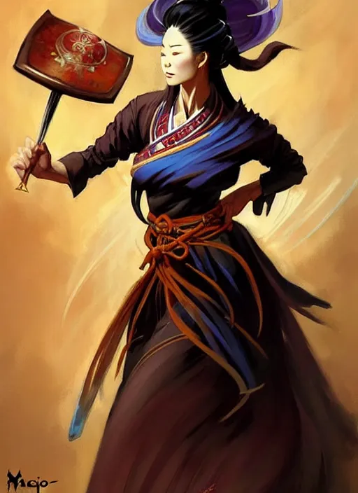Prompt: magic : the gathering fantasy character concept art by frank frazetta and marco bucci, high resolution. a clear portrait of a stunning female south korean chef, wearing a beautiful hanbok apron, holding a kitchen knife, radiating powerful energy in the background, south korean vibes, fantasy coloring, intricate, digital painting, artstation, smooth, sharp focus