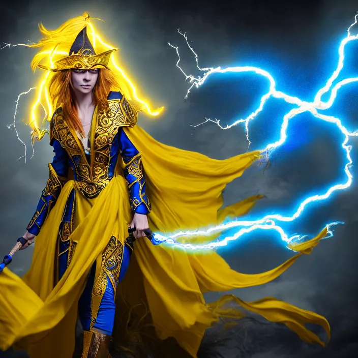 Image similar to photograph of a real - life beautiful elemental lightning witch with ornate yellow and blue robes and staff. extremely detailed. 8 k