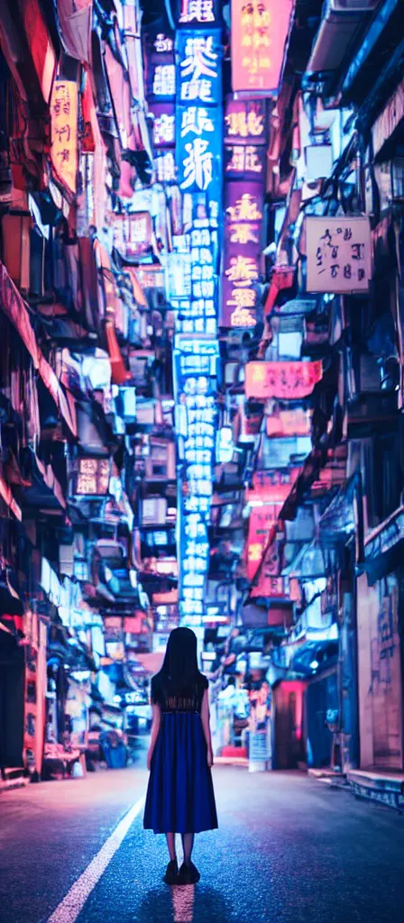 Prompt: a beautiful chinese young girl standing in the middle of a road on a night Hong Kong china town, blue color grading, cinematic color grading , unreal 5, hyperrealistic, realistic, photorealistic, dynamic lighting, highly detailed, cinematic landscape, studio landscape, studio lighting