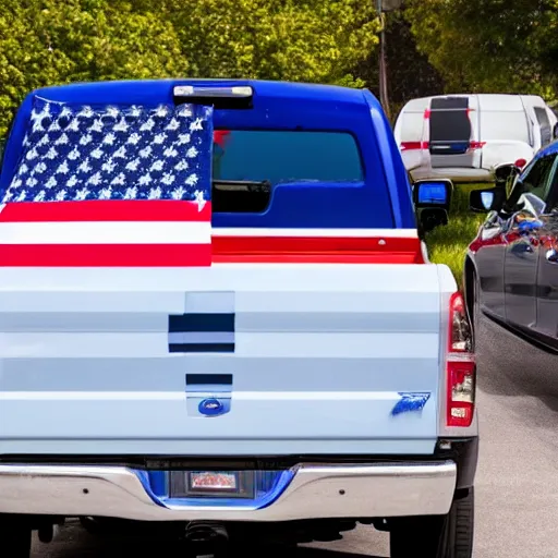 Image similar to photo of blue pickup truck with american flags, there are very attractive woman in the back of the truck whering bikinis.