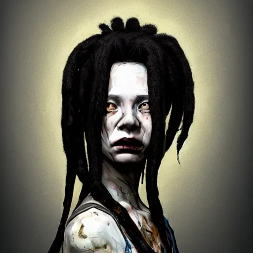 Prompt: color head portrait of young alison shaw from the cranes as a zombie with black dreadlocks, 7 days to die zombie, gritty background, fine art, award winning, intricate, elegant, sharp focus, cinematic lighting, digital painting, 8 k concept art, art by michael hussar, art by brom, art by guweiz and z. w. gu, 8 k