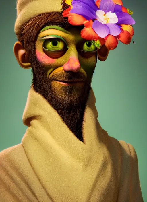 Image similar to an anthropomorphic beautiful male scientist portrait holding a flowers wearing colourful robe, fine art, award winning, intricate, elegant, sharp focus, octane render, hyperrealistic, wizard hat cinematic lighting, highly detailed, digital painting, 8 k concept art, art by jamie hewlett and z. w. gu, masterpiece, trending on artstation, 8 k