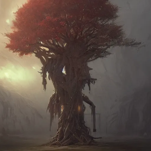 Image similar to a tree in the shape of a corpse, by greg rutkowski, trending on art station, highly detailed, magic the gathering, matte painting