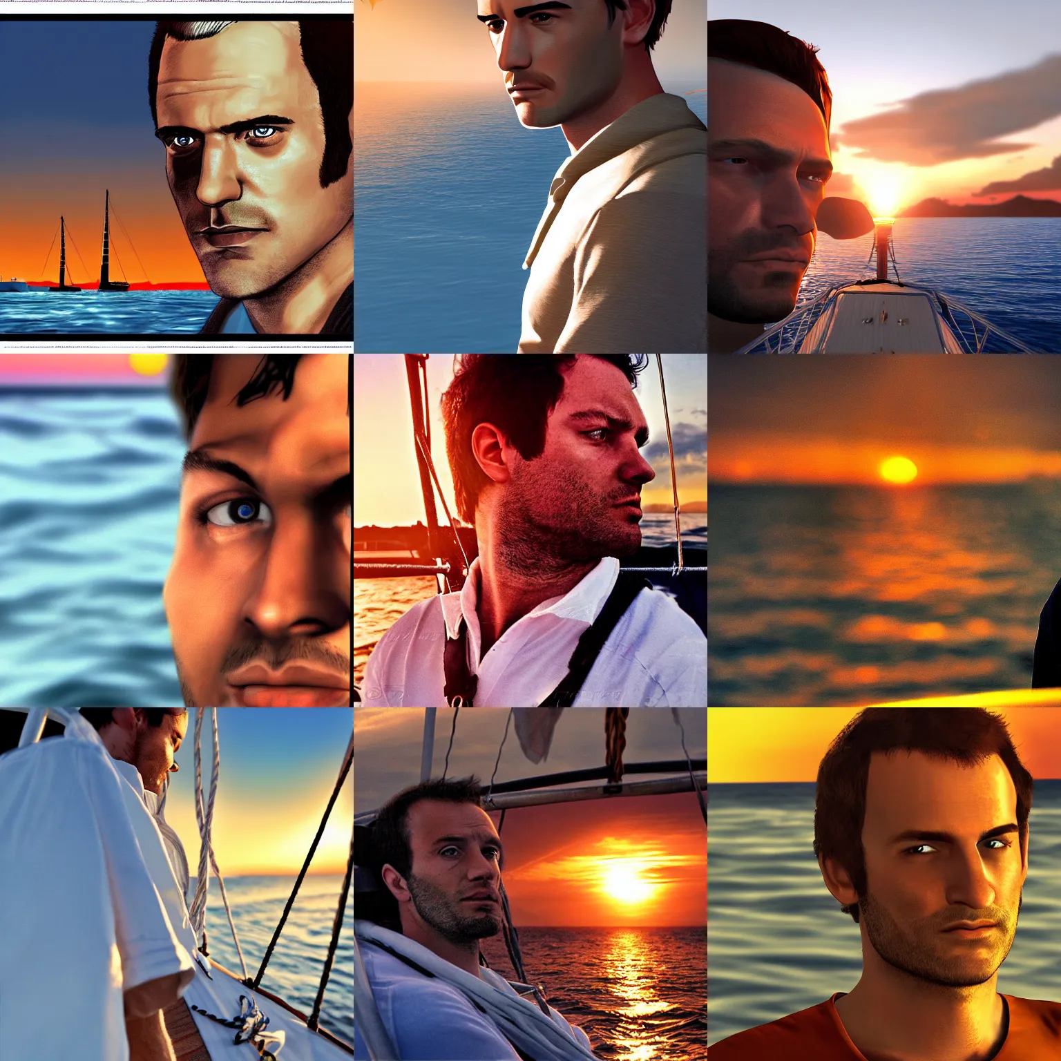 Prompt: 26 year old man on a sailboat, closeup, detailed, sunset, GTA IV poster