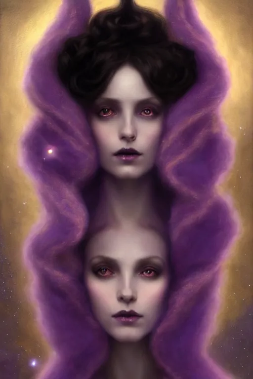 Image similar to Nocturne, glowing, stars, a portrait of a beautiful female shadow djinn creature with long fur collar, highly detailed, mysterious, ethereal, dressed in violet velvet, haute couture, illustration, dramatic lighting, soft details, painting, by Edmund Blair Leighton, Brom, Charlie Bowater, trending on artstation, faces by Tom Bagshaw, otto schmidt