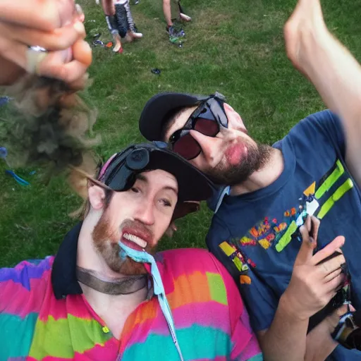 Prompt: two tall lenky guys getting very high on weed while smoking a joint at a festival