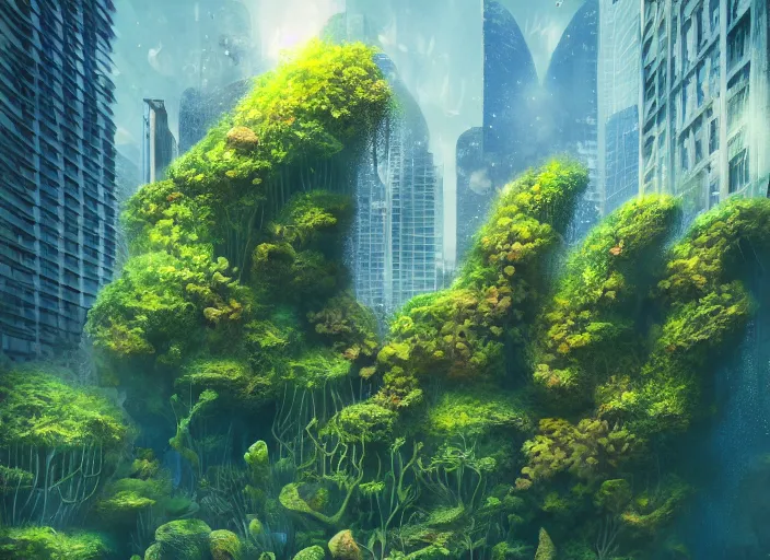 Image similar to overgrown foliage overtaking tall buildings, underwater environment, storefronts, coral, scenery, professional, award - winning, trending on artstation, detailed, realistic, beautiful, emotional, shiny, golden, picture