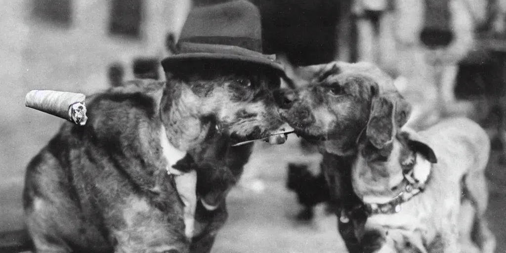 Image similar to pink dog wearing a fedora and smoking a cigar in 1 9 3 0 s france