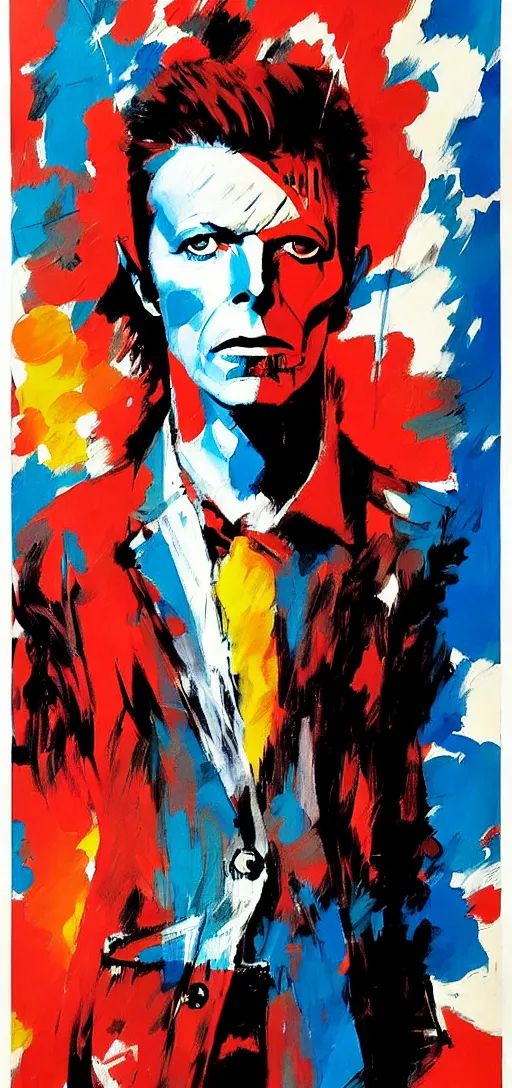 Prompt: David Bowie by Ashley Wood, Yoji Shinkawa, Jamie Hewlett, 60's French movie poster, French Impressionism, vivid colors, palette knife and brush strokes, Dutch tilt