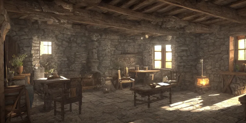 Image similar to medieval cottage interior, unreal engine