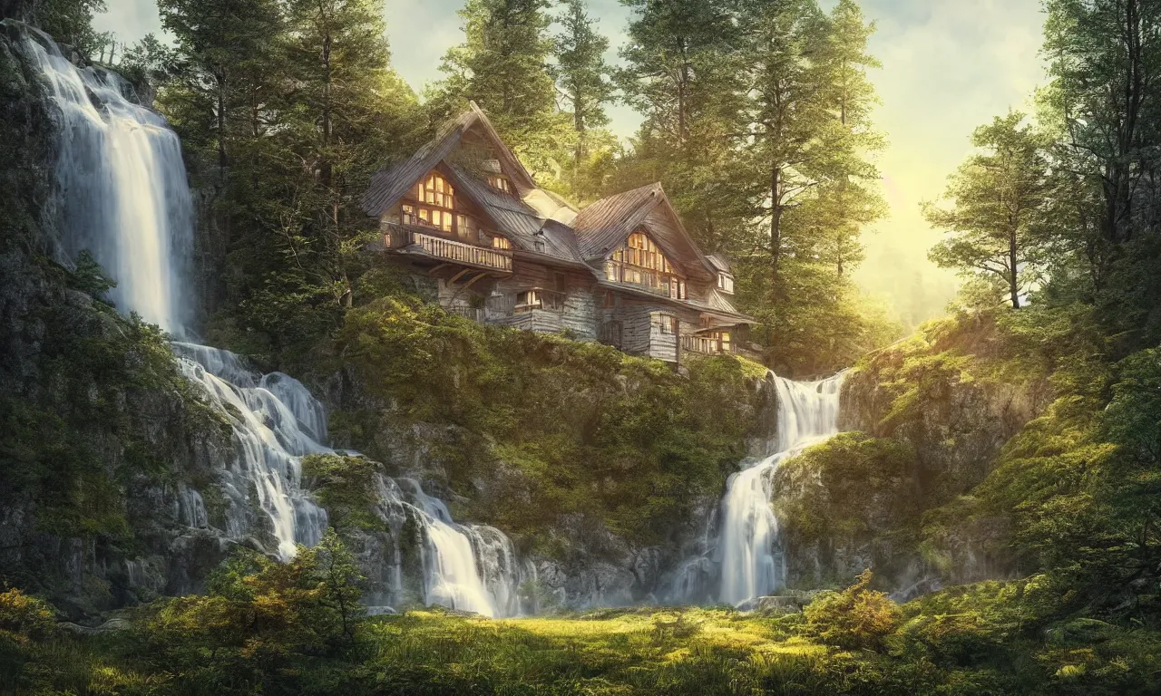 Image similar to beautiful large scandinavian house in the forest on a hill, a large waterfall flows down from the mountain in the background, vector art, fabulous, random cinematic view, no noise, global illumination, warm lighting, volumetric, by jordan grimmer