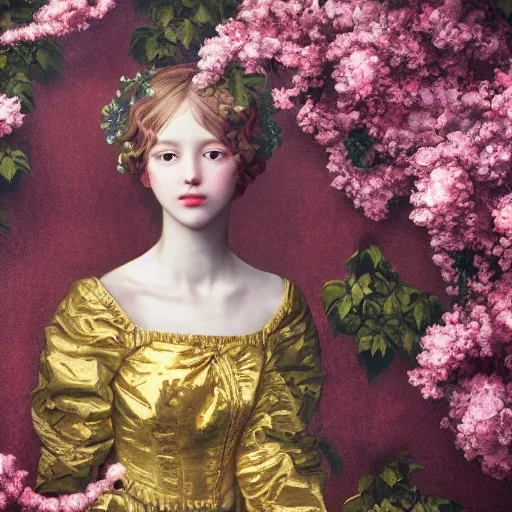 Prompt: 8 k, octane render, realism, tonalism, renaissance, rococo, baroque, portrait of a young lady wearing long manga dress with flowers and ivy, background chaotic gold leaf flowers