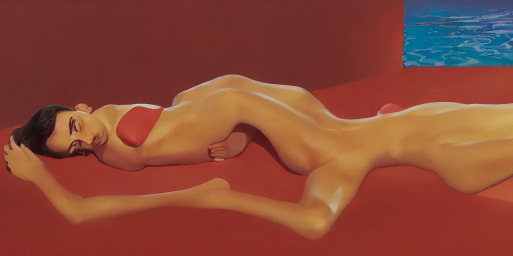 Image similar to Emily Ratajkowski with beautiful face and full body laying in a blood red pool of water between a bright golden glowing mirror frame, outside is space and inside the mirror frame is a beautiful landscape. Hyperrealistic surreal 4K IMAX Rene Margritte intricate, elegant, highly detailed, digital painting, artstation, concept art, smooth, sharp focus, illustration, art by artgerm and greg rutkowski and alphonse mucha