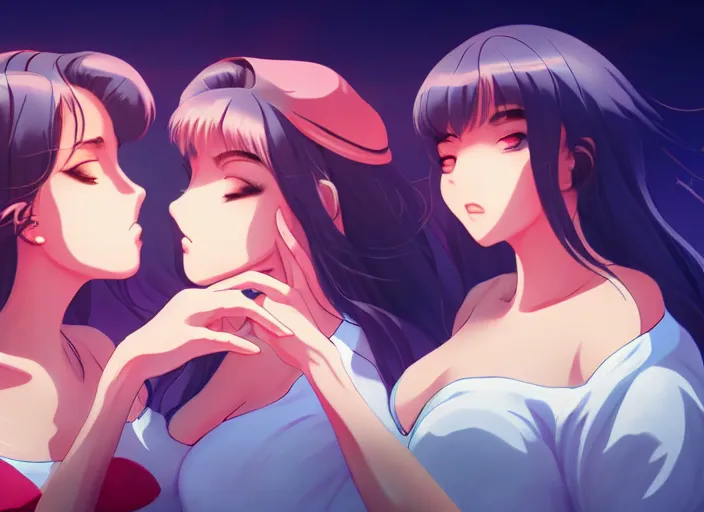 Image similar to two beautiful mothers outside on a hot summer evening, gorgeous faces, thick lines, cinematic lighting, detailed anime art