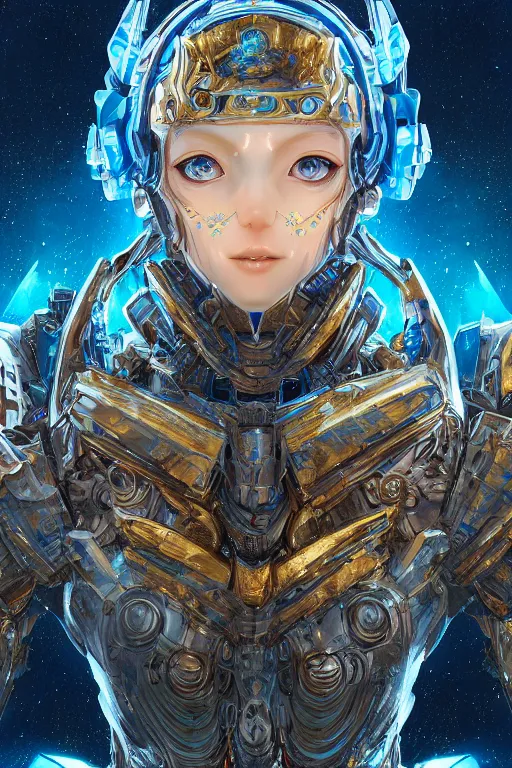 Image similar to a Portrait of a mythical space organic mech, D&D, sci-fi fantasy, intricate, blue and gold, highly detailed , art by Range Murata, rim lighting, highly detailed, 3d, octane render, bright colors, digital painting, trending on artstation, sharp focus, illustration style of Stanley Artgerm,