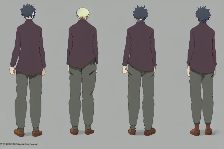 Image similar to a reference sheet containing three pictures of a hero by ghibli studio, front back view and side view, proportions, ready to model,