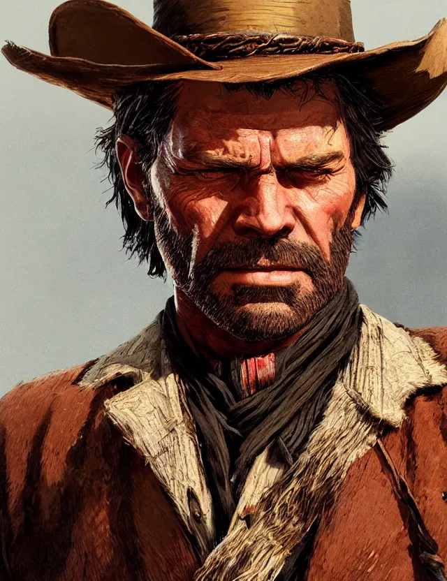 Image similar to close face portrait of an old male cowboy as red dead redemption 2 concept art, art by ryo shiotani and greg rutkowski, intricate, beautiful, cute, cinematic lighting, vintage art by serge ivanoff, high resolution, very detailed