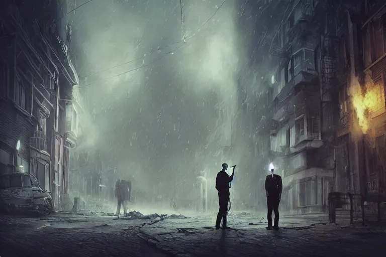 Image similar to two man in long trenches talk, early 20th century urban background, dark streets lighted by torches, surreal, in the style of beeple and Mike Winkelmann, intricate, epic lighting, cinematic composition, hyper realistic, 8k resolution,