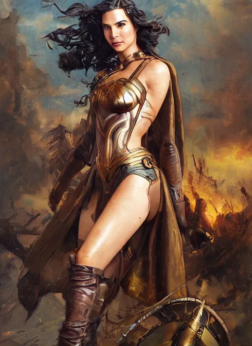 Prompt: oil painting highly detailed steampunk gal gadot action pose : leonardo da vinci, greg rutkowski, magali villeneuve