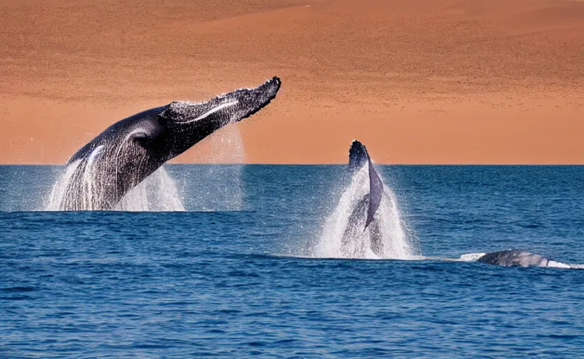 Image similar to whales jumping into sand dunes, photography