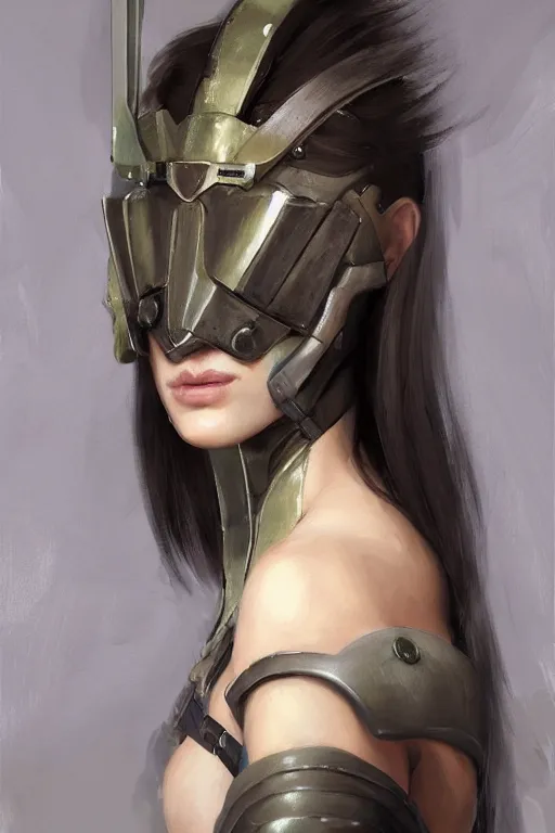 Image similar to a professionally painted portrait of an attractive young woman, clothed in military armor, olive skin, long dark hair, beautiful bone structure, symmetrical facial features, intricate, elegant, digital painting, trending on Artstation, concept art, smooth, sharp focus, illustration, from Metal Gear by Ruan Jia and Mandy Jurgens and Artgerm and William-Adolphe Bouguerea, award winning