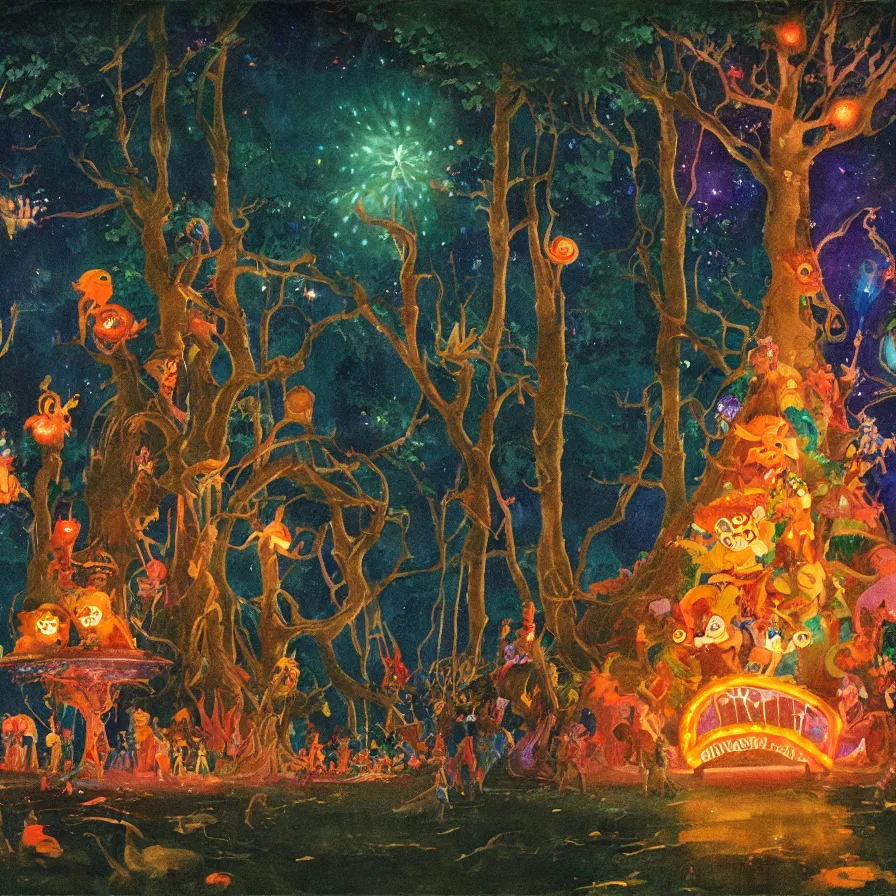 Image similar to closeup of a night carnival inside a magical tree cavity, with a surreal orange moonlight and fireworks, next to a lake with iridiscent water, christmas lights, folklore animals and people disguised as fantastic creatures in a magical forest by summer night, masterpiece painted by john watkiss, scene by night, dark night environment, refraction lights, glares