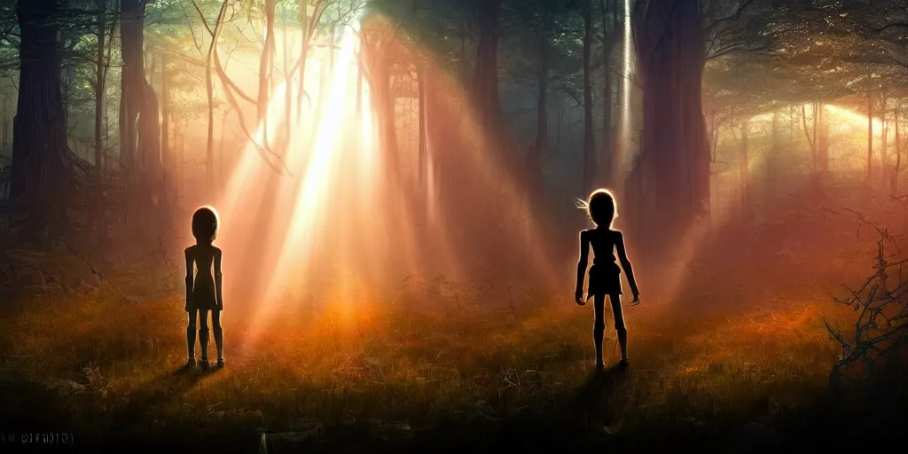 Prompt: sci - fi scene future new york, one little girl holding the hand of an iron giant robot, forest punk, crepuscular rays, epic scene, hyper realistic, photo realistic, overgrowth, cinematic atmosphere, ethereal lighting,