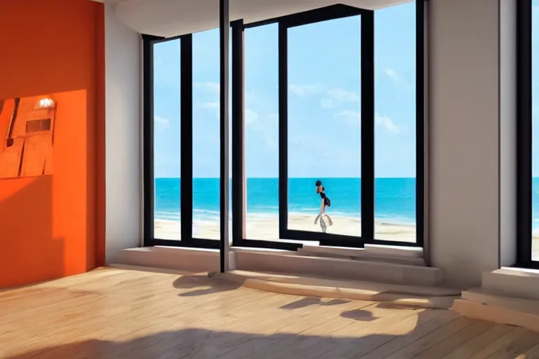 Image similar to a room with orange walls white floor contrabas, a big window with a view of the beach and sea, beautiful cinematic masterpiece very detailed