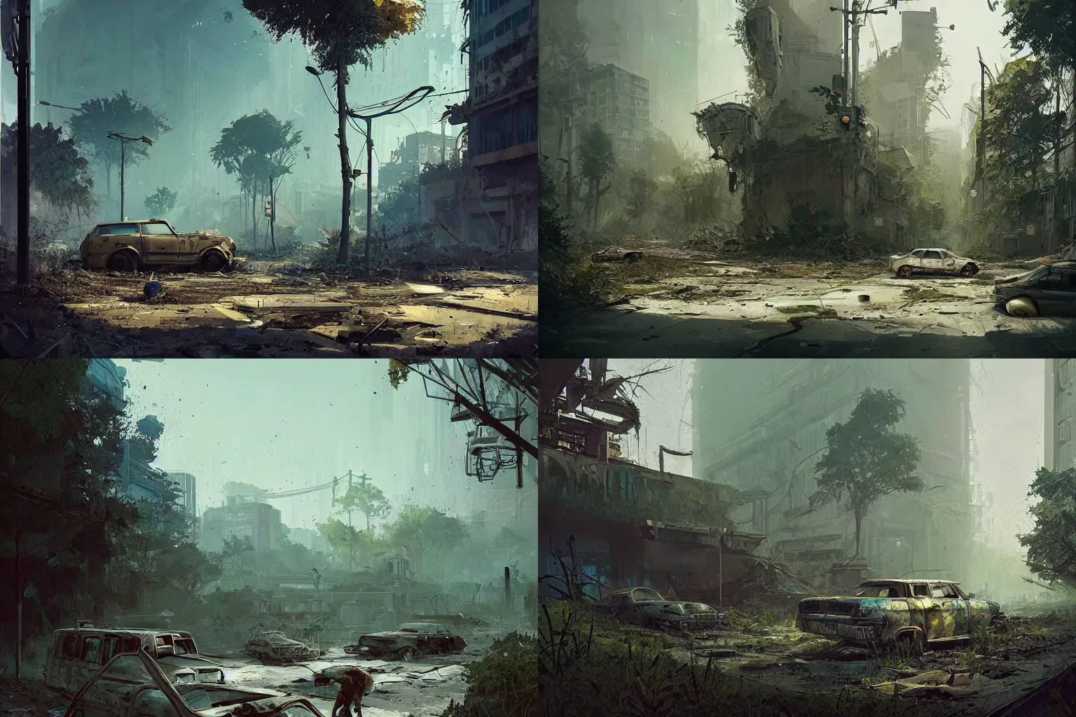 Prompt: concept art of an abandoned ruined big city street overgrown with nature by filip hodas and ismail inceoglu, hyper realistic, unreal engine, atmospheric, detailed, matte, godrays, rusty vehicles, destroyed alien technology