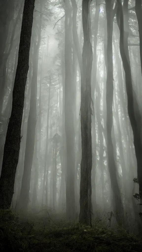 Prompt: photo of a mystical figure make magic in occult robes in a dark misty forest, god rays, highly detailed, horror, epic