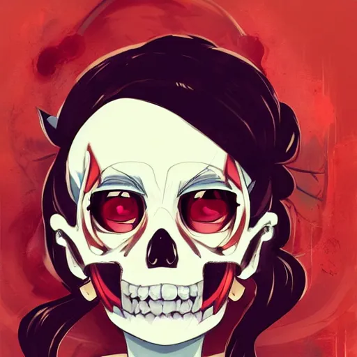 Image similar to anime manga skull portrait young woman skeleton, cuphead, painterly, logo, graffiti, elegant, highly detailed, digital art, art by jc leyendecker and sachin teng