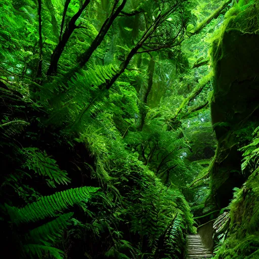 Prompt: fern canyon gorge in oregon, stone stairway, overgrown lush plants, atmospheric, cinematic, by studio ghibli,