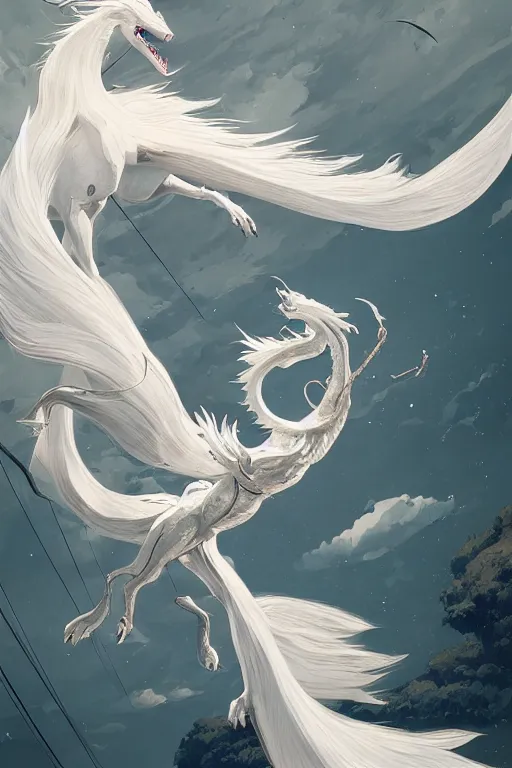 Image similar to vanishing point, white hair eva riding on the white dragon's neck ready to fight, by victo ngai and makoto shinkai, partner, global illumination, radiant light, minimalist, unreal engine 5, concept art ，, digital painting, artstation, smooth, sharp foccus, artstation hq