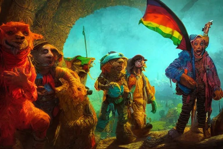 Image similar to a cinematic shot of shmiggle biggles in the bleem podorkers, colorful, by Andy Thomas, Mario Martinez, Daniel Mirante, Gustave Dore, Artstation, CGsociety, masterpiece