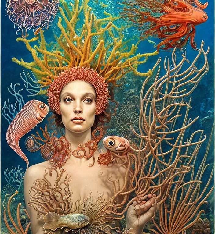 Image similar to realistic detailed underwater portrait of the goddess of the fish of the three times with an intricate headdress of corals, sea kelp, sea plants, fish, jellyfish, art by boris vallejo and ernst haeckel, face in focus in the middle, neo - gothic, gothic,