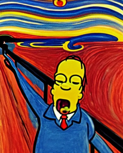 Image similar to a painting of homer simpson screaming in the scream by edvard munch